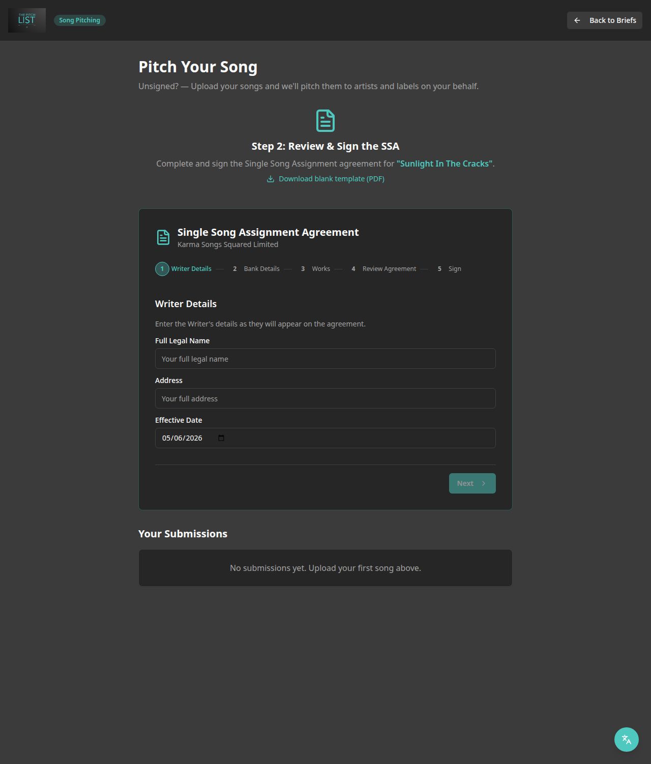Single Song Assignment agreement signing