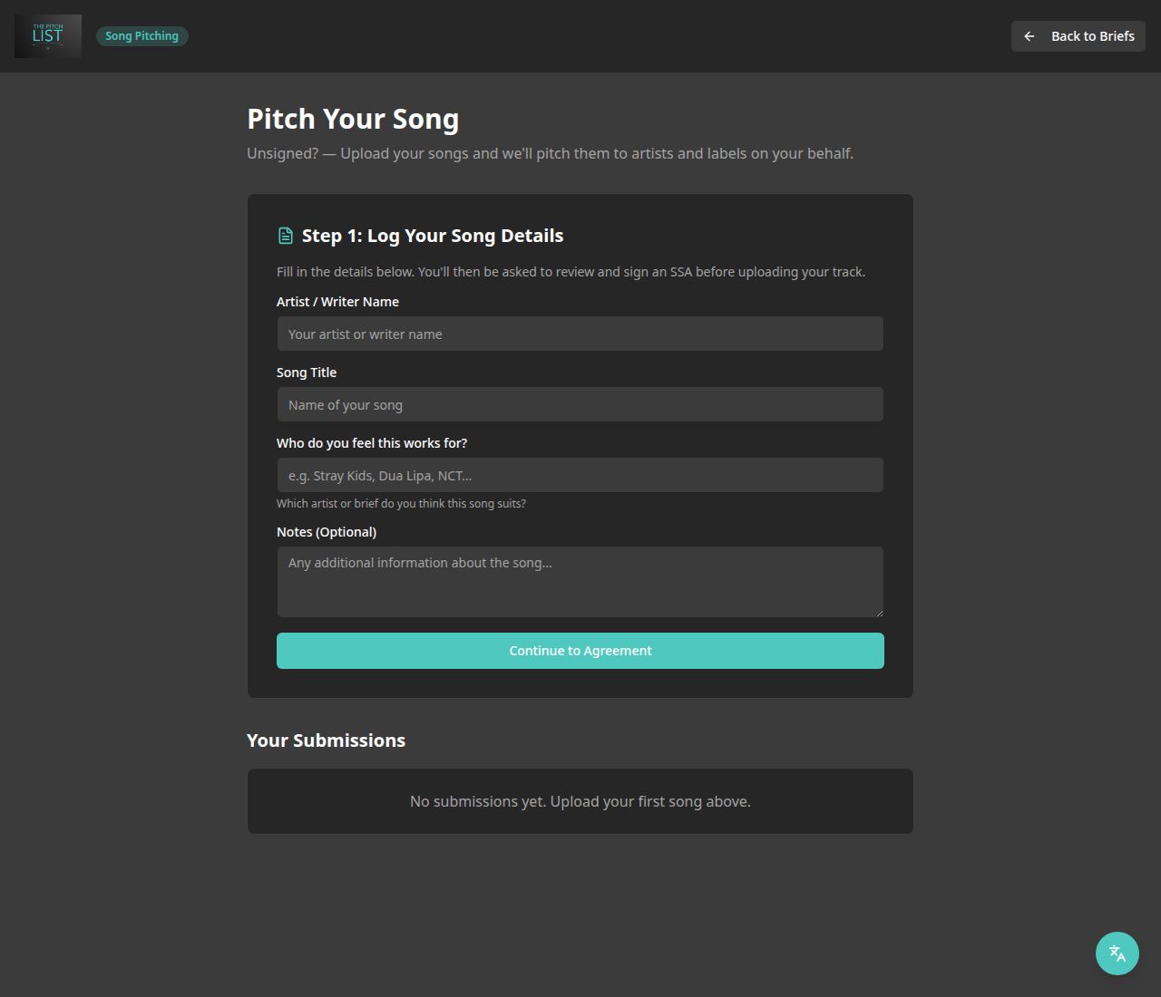 Pitch your song — log details step