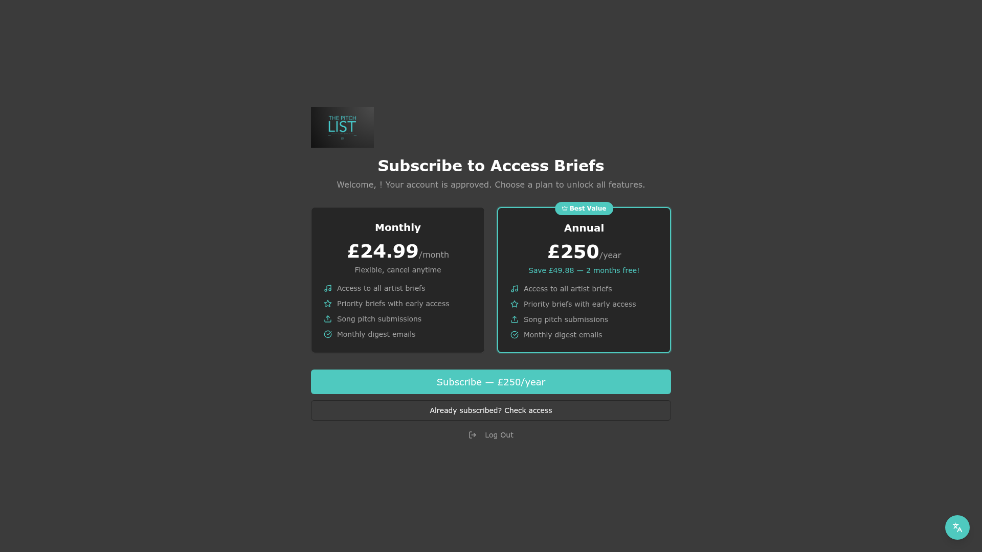 The Pitch List subscribe page